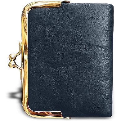 Small Vintage PU Leather Bifold Wallet with Coin Zipper and Kiss Lock