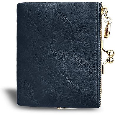 Small Vintage PU Leather Bifold Wallet with Coin Zipper and Kiss Lock