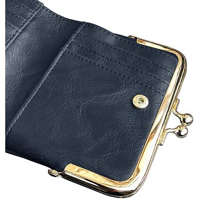Small Vintage PU Leather Bifold Wallet with Coin Zipper and Kiss Lock