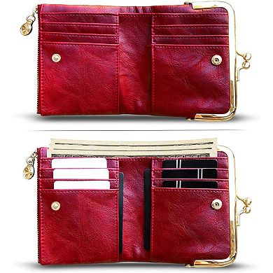 Small Vintage PU Leather Bifold Wallet with Coin Zipper and Kiss Lock