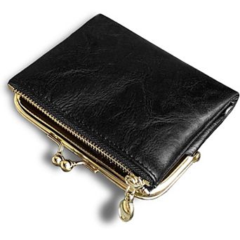 Small Vintage PU Leather Bifold Wallet with Coin Zipper and Kiss Lock