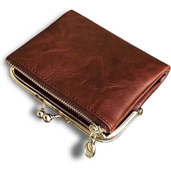 Small Vintage PU Leather Bifold Wallet with Coin Zipper and Kiss Lock