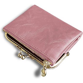 Small Vintage PU Leather Bifold Wallet with Coin Zipper and Kiss Lock