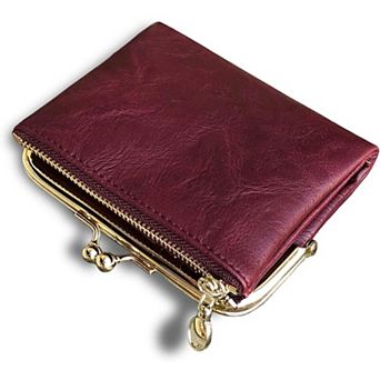 Small Vintage PU Leather Bifold Wallet with Coin Zipper and Kiss Lock
