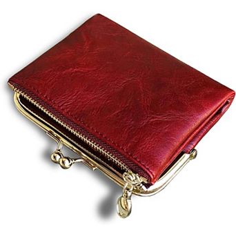 Small Vintage PU Leather Bifold Wallet with Coin Zipper and Kiss Lock