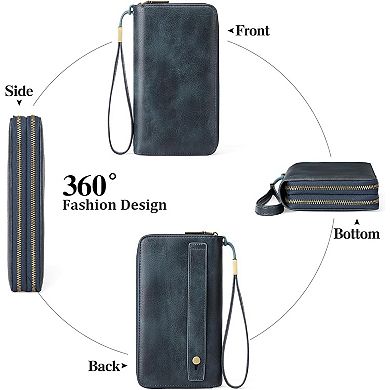 Leather RFID Blocking Wristlet Wallet with Dual-Zipper Design