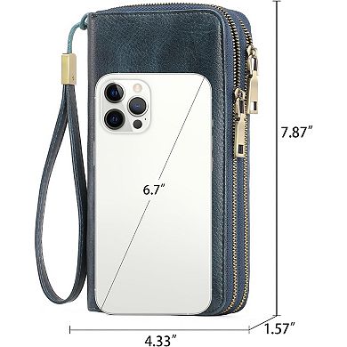 Leather RFID Blocking Wristlet Wallet with Dual-Zipper Design