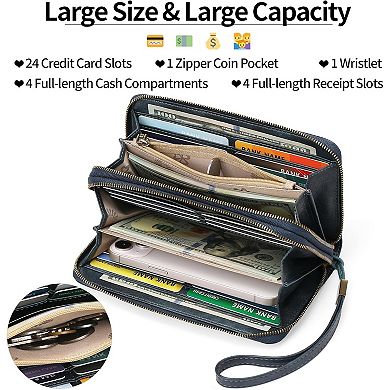 Leather RFID Blocking Wristlet Wallet with Dual-Zipper Design