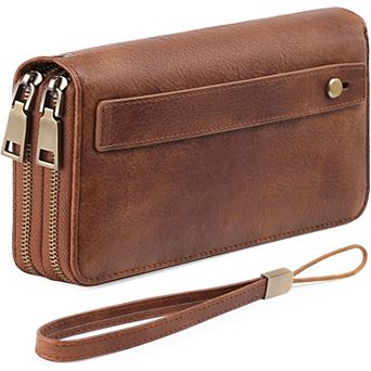 Leather RFID Blocking Wristlet Wallet with Dual-Zipper Design