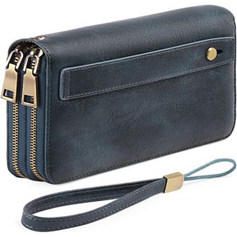 Leather RFID Blocking Wristlet Wallet with Dual-Zipper Design