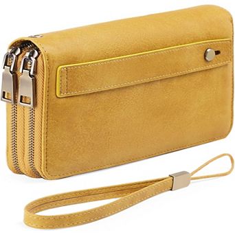 Leather RFID Blocking Wristlet Wallet with Dual-Zipper Design