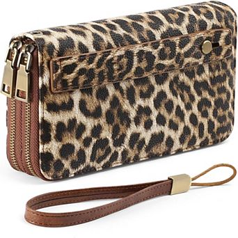 Leather RFID Blocking Wristlet Wallet with Dual-Zipper Design