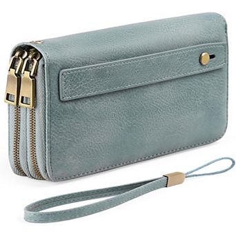Leather RFID Blocking Wristlet Wallet with Dual-Zipper Design