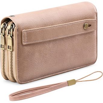 Leather RFID Blocking Wristlet Wallet with Dual-Zipper Design