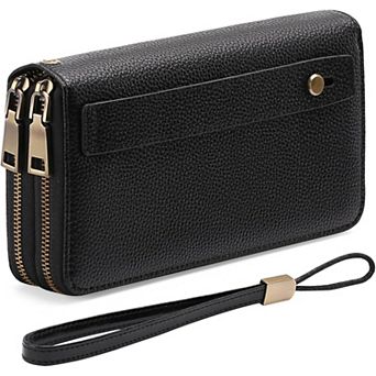 Leather RFID Blocking Wristlet Wallet with Dual-Zipper Design