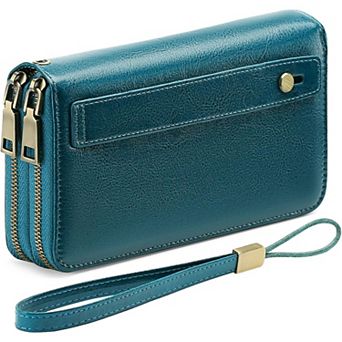 Leather RFID Blocking Wristlet Wallet with Dual-Zipper Design