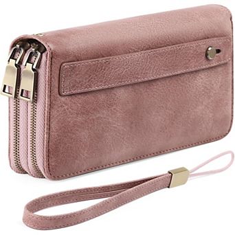 Leather RFID Blocking Wristlet Wallet with Dual-Zipper Design