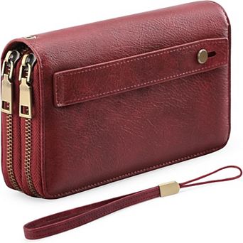Leather RFID Blocking Wristlet Wallet with Dual-Zipper Design