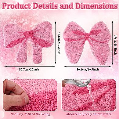 2 Pcs Bathroom Pink Bow Rugs Coquette Preppy Cute Bow Shaped Bath Mats Home Decor Non Slip