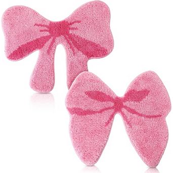2 pc Bathroom Pink Bow Rugs Coquette Preppy Cute Bow Shaped Bath Mats Home Decor Non Slip