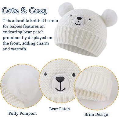 Baby Knit Hat, Bear Embroidery, Pom-Poms, Acrylic Blend, Cotton Lining