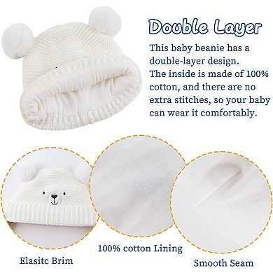 Baby Knit Hat, Bear Embroidery, Pom-Poms, Acrylic Blend, Cotton Lining