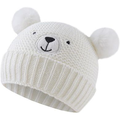 Baby Knit Hat, Bear Embroidery, Pom-Poms, Acrylic Blend, Cotton Lining