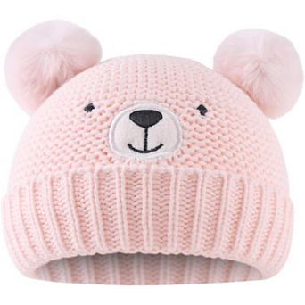 Baby Knit Hat, Bear Embroidery, Pom-Poms, Acrylic Blend, Cotton Lining