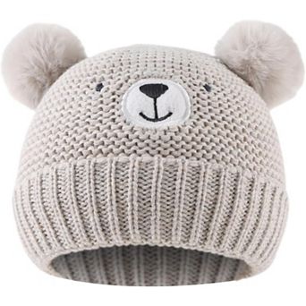 Baby Knit Hat, Bear Embroidery, Pom-Poms, Acrylic Blend, Cotton Lining