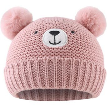 Baby Knit Hat, Bear Embroidery, Pom-Poms, Acrylic Blend, Cotton Lining