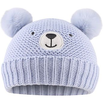 Baby Knit Hat, Bear Embroidery, Pom-Poms, Acrylic Blend, Cotton Lining