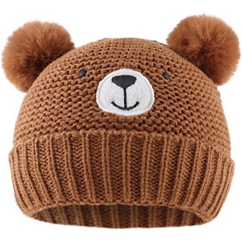 Baby Knit Hat, Bear Embroidery, Pom-Poms, Acrylic Blend, Cotton Lining