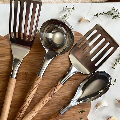 Handcrafted Olive Wood & Stainless Steel 4-Piece Cooking Set