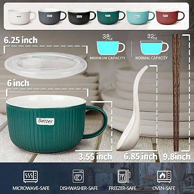 Ceramic Soup Bowls with Lids, Spoons, Chopsticks - 38 oz for Ramen, Oatmeal, Meal Prep