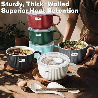 Ceramic Soup Bowls with Lids, Spoons, Chopsticks - 38 oz for Ramen, Oatmeal, Meal Prep
