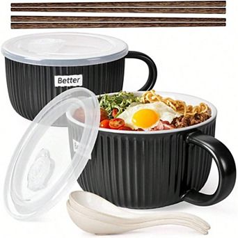 Ceramic Soup Bowls with Lids, Spoons, Chopsticks - 38 oz for Ramen, Oatmeal, Meal Prep