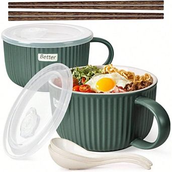Ceramic Soup Bowls with Lids, Spoons, Chopsticks - 38 oz for Ramen, Oatmeal, Meal Prep