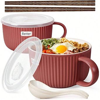 Ceramic Soup Bowls with Lids, Spoons, Chopsticks - 38 oz for Ramen, Oatmeal, Meal Prep