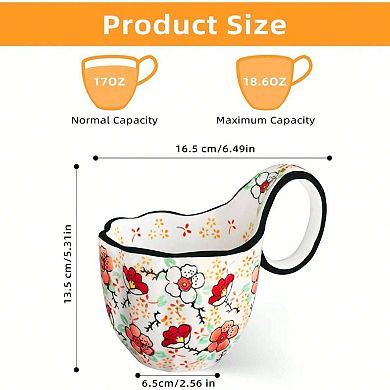 Handpainted Soup Bowl with Wide Handle for Cereal, Soup, Fruit