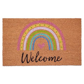 HomeRoots 17" X 29" Brown And Pink Rainbow Welcome Outdoor Coir Door Mat