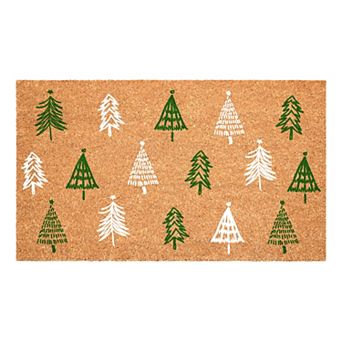 HomeRoots 17" X 29" Brown Green And White Christmas Trees Outdoor Coir Door Mat