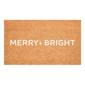 HomeRoots 17" X 29" Brown And White Christmas Merry and Bright Outdoor Coir Door Mat