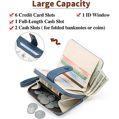 Slim Floral Leather RFID Blocking Wallet for Women: 6 Card Slots, ID Window, Cash & Bill Compartment