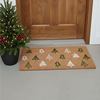 HomeRoots 24" X 36" Brown Green And White Christmas Trees Outdoor Coir Door Mat
