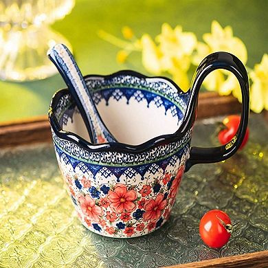 Handpainted Ceramic Soup Bowl with Handle, Microwave & Dishwasher Safe, Multiuse