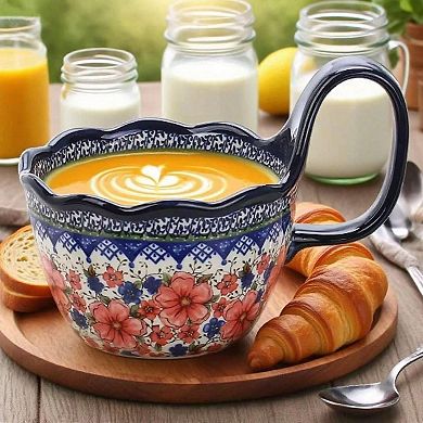 Handpainted Ceramic Soup Bowl with Handle, Microwave & Dishwasher Safe, Multiuse