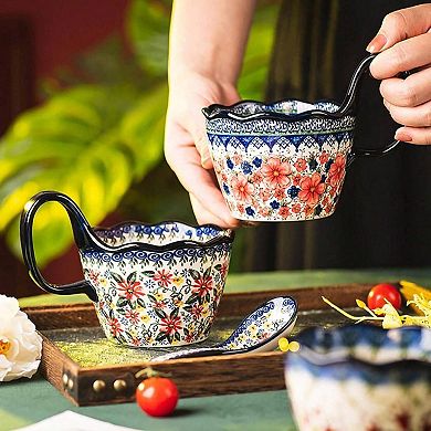 Handpainted Ceramic Soup Bowl with Handle, Microwave & Dishwasher Safe, Multiuse