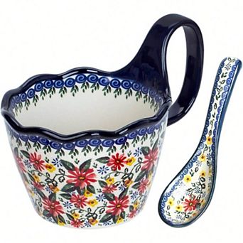 Handpainted Ceramic Soup Bowl with Handle, Microwave & Dishwasher Safe, Multiuse