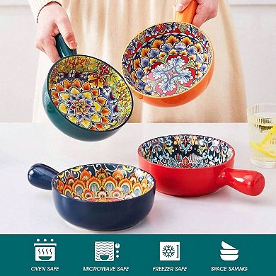 4 Bohemian Ceramic Soup Bowls, 23 Oz Capacity, Oven to Table, Microwave Dishwasher Safe