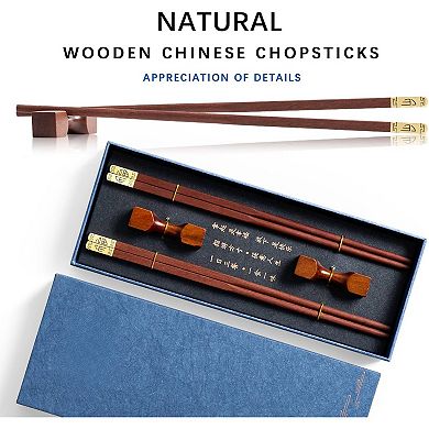 2 Pairs of 9.2 Inch Reusable Chopsticks, Concave-shaped Rest + Grooved Chop Sticks Set